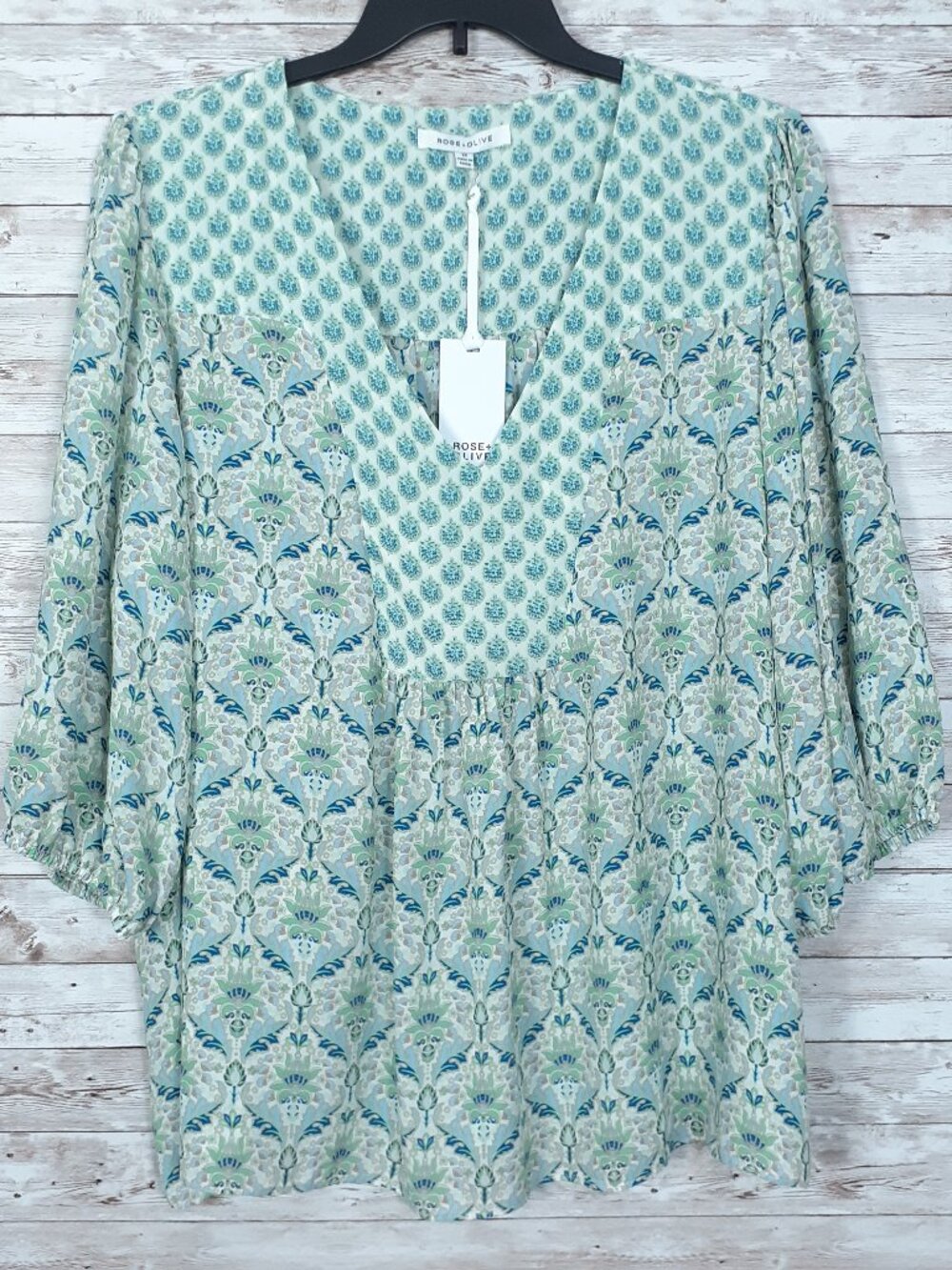 Rose & Olive Womens Top 3X Jacobean Print VNeck 3/4 Sleeve Blue Green 1B